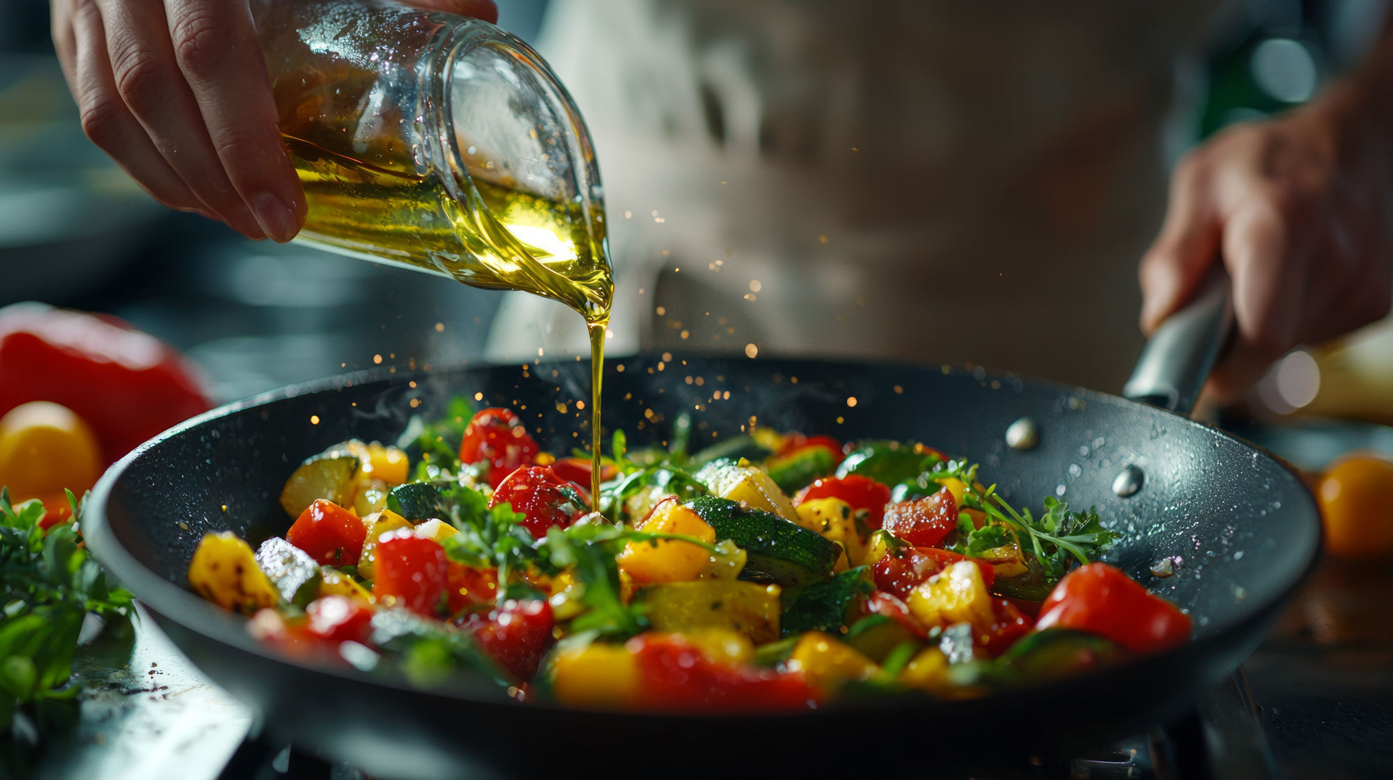 Chef drizzling olive oil over colorful sautéed vegetables